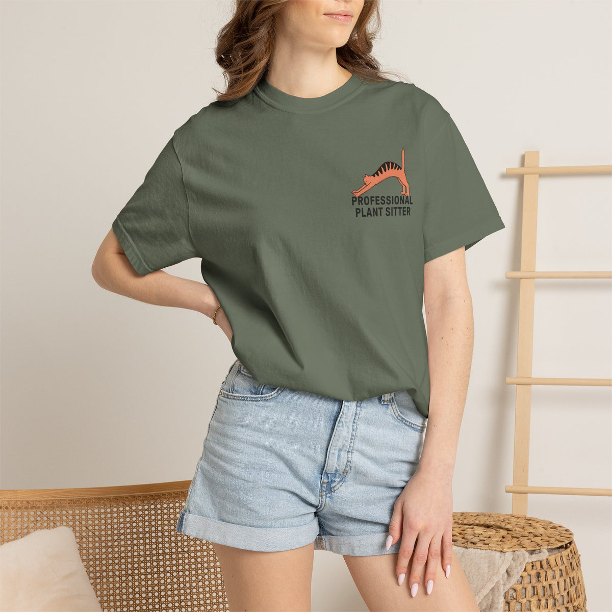 Professional Plant Sitter T-Shirt | Cat Carrying Monstera Illustration