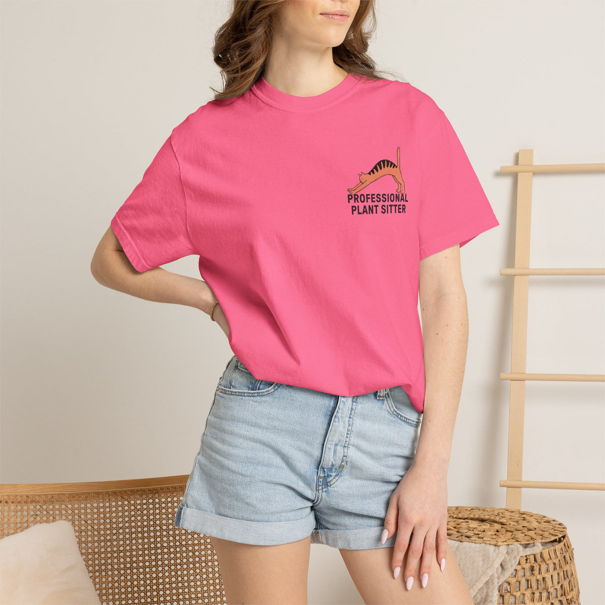 Professional Plant Sitter T-Shirt | Cat Carrying Monstera Illustration